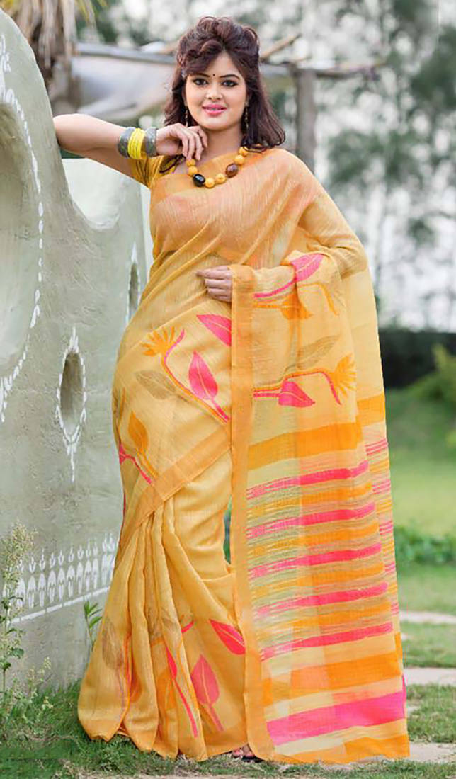 Beige printed bhagalpuri silk saree with blouse