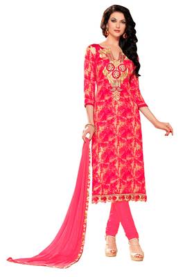 Pink embroidered cotton poly unstitched salwar with dupatta 1