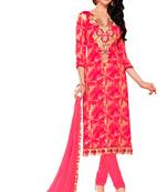Pink embroidered cotton poly unstitched salwar with dupatta