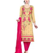Beige embroidered cotton poly unstitched salwar with dupatta