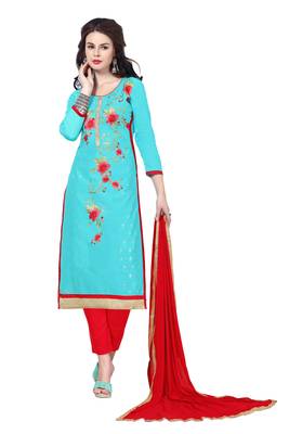 Blue embroidered cotton poly unstitched salwar with dupatta 1