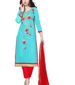 Blue embroidered cotton poly unstitched salwar with dupatta