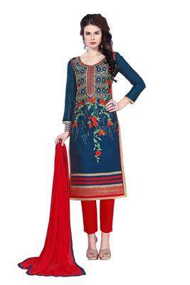 Blue embroidered cotton poly unstitched salwar with dupatta 1