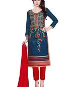 Blue embroidered cotton poly unstitched salwar with dupatta