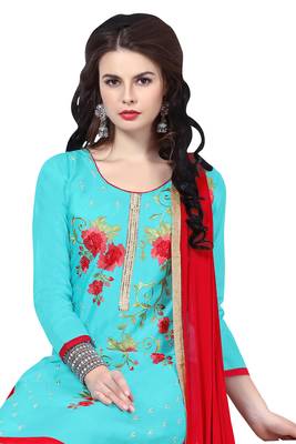 Blue embroidered cotton poly unstitched salwar with dupatta 2