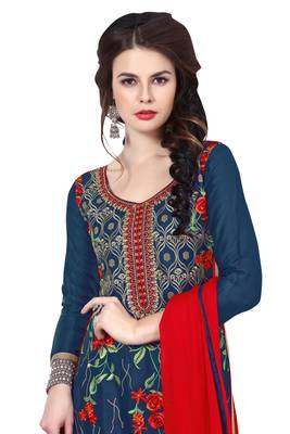 Blue embroidered cotton poly unstitched salwar with dupatta 2