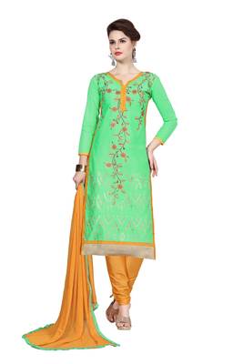 Green embroidered cotton poly unstitched salwar with dupatta 1