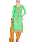 Green embroidered cotton poly unstitched salwar with dupatta