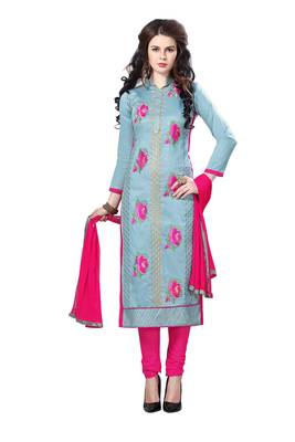 Grey embroidered cotton poly unstitched salwar with dupatta 1