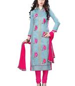 Grey embroidered cotton poly unstitched salwar with dupatta