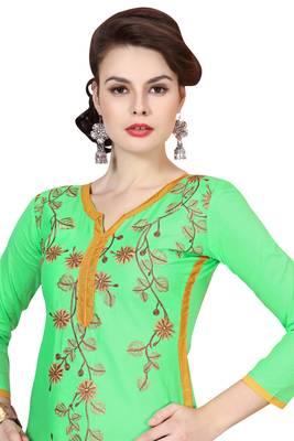 Green embroidered cotton poly unstitched salwar with dupatta 2