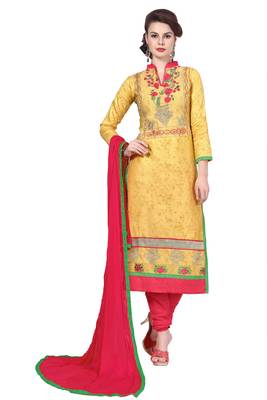 Yellow embroidered cotton poly unstitched salwar with dupatta 1