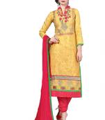 Yellow embroidered cotton poly unstitched salwar with dupatta