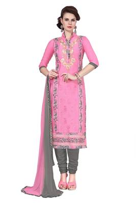 Pink embroidered cotton poly unstitched salwar with dupatta 1