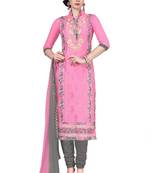 Pink embroidered cotton poly unstitched salwar with dupatta