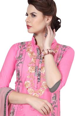 Pink embroidered cotton poly unstitched salwar with dupatta 2
