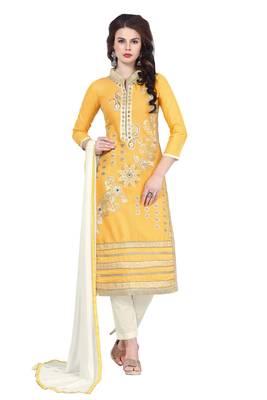 Yellow embroidered cotton poly unstitched salwar with dupatta 1