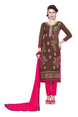Brown embroidered cotton poly unstitched salwar with dupatta 1