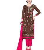 Brown embroidered cotton poly unstitched salwar with dupatta