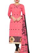 Pink embroidered faux jacquard unstitched salwar with dupatta