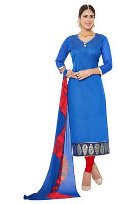 Blue embroidered faux jacquard unstitched salwar with dupatta 1