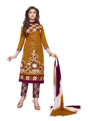 Brown embroidered cotton poly unstitched salwar with dupatta 1
