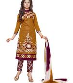 Brown embroidered cotton poly unstitched salwar with dupatta