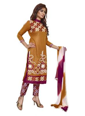 Brown embroidered cotton poly unstitched salwar with dupatta 2