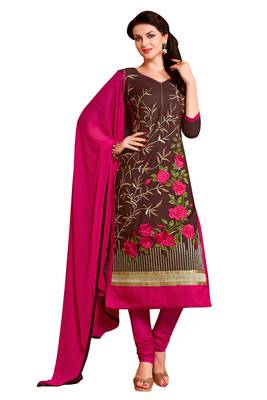 Brown embroidered cotton poly unstitched salwar with dupatta 1