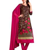 Brown embroidered cotton poly unstitched salwar with dupatta