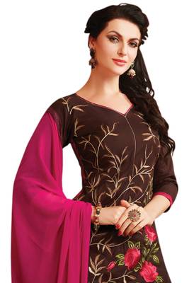 Brown embroidered cotton poly unstitched salwar with dupatta 2