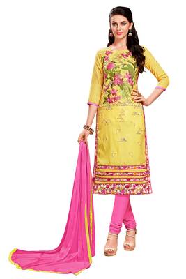 Yellow embroidered cotton poly unstitched salwar with dupatta 1