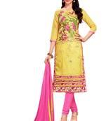 Yellow embroidered cotton poly unstitched salwar with dupatta