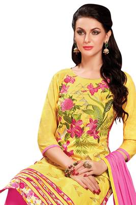 Yellow embroidered cotton poly unstitched salwar with dupatta 2