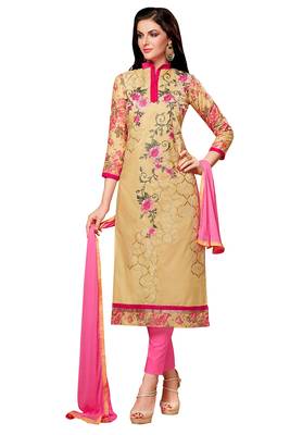 Beige embroidered cotton poly unstitched salwar with dupatta 1