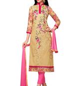 Beige embroidered cotton poly unstitched salwar with dupatta
