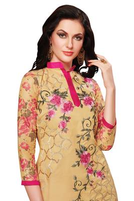 Beige embroidered cotton poly unstitched salwar with dupatta 2