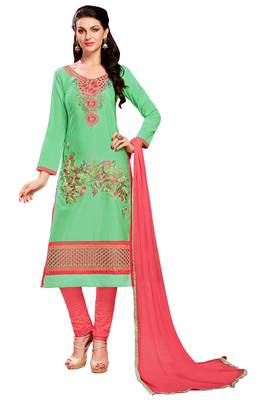 Green embroidered cotton poly unstitched salwar with dupatta 2