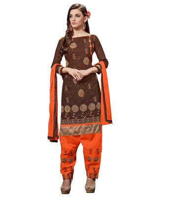 Brown embroidered faux jacquard unstitched salwar with dupatta 1