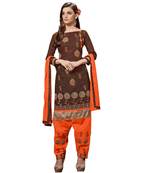 Brown embroidered faux jacquard unstitched salwar with dupatta