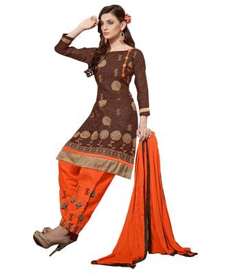 Brown embroidered faux jacquard unstitched salwar with dupatta 2