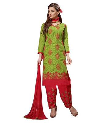 Green embroidered faux jacquard unstitched salwar with dupatta 1