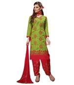 Green embroidered faux jacquard unstitched salwar with dupatta