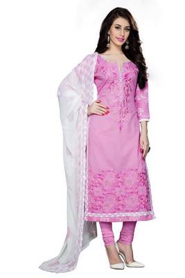 Pink embroidered cotton poly unstitched salwar with dupatta 1