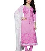 Pink embroidered cotton poly unstitched salwar with dupatta