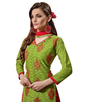 Green embroidered faux jacquard unstitched salwar with dupatta 2