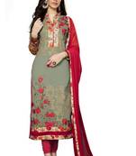 Mehendi embroidered cotton poly unstitched salwar with dupatta