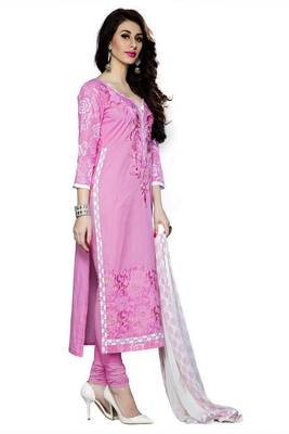 Pink embroidered cotton poly unstitched salwar with dupatta 2