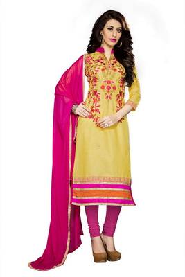 Yellow embroidered cotton poly unstitched salwar with dupatta 1