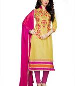 Yellow embroidered cotton poly unstitched salwar with dupatta